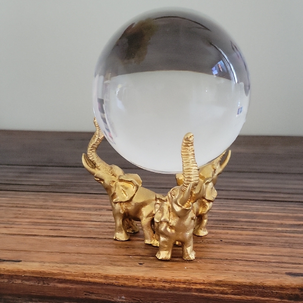 Gold Elephant Crystal Ball Stand with Clear Glass Orb